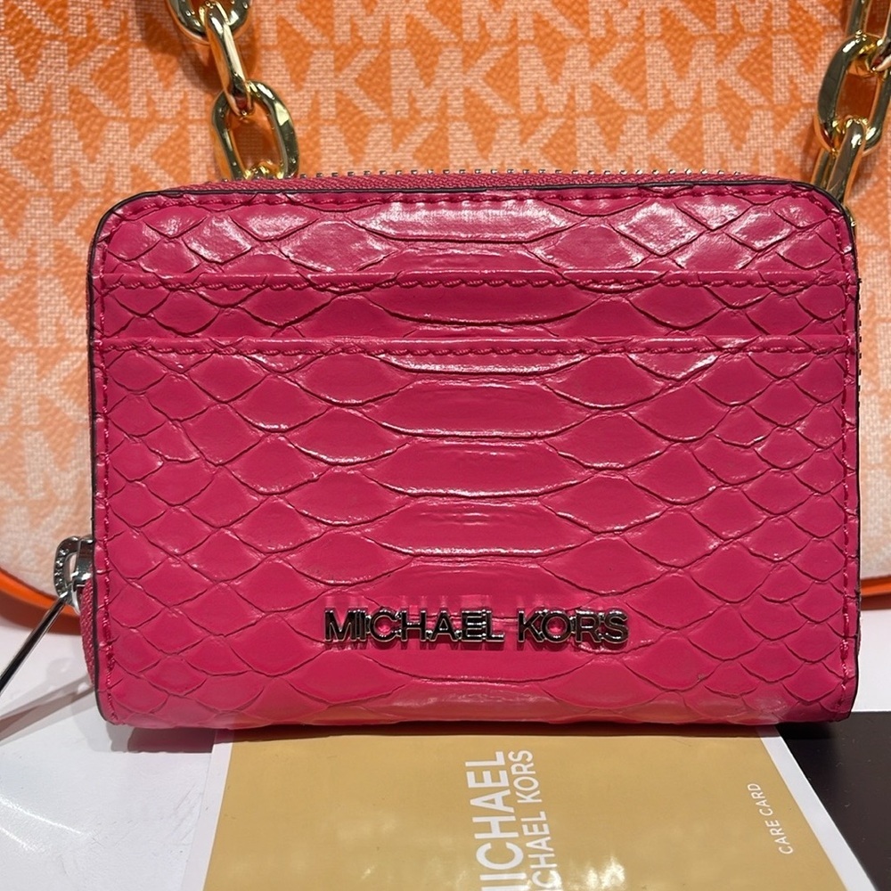 Michael Kors Women Medium Zip Around Card Case Coin Pouch Wallet Electric Pink